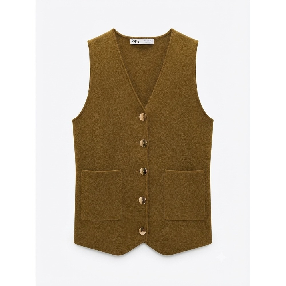 Zara Women's Brown Knit Sweater Vest Size M Button Up V-Neck Pockets Tank Top